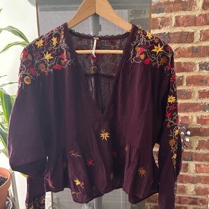 Free People Ava Embroidered Floral Burgundy Cropped Top